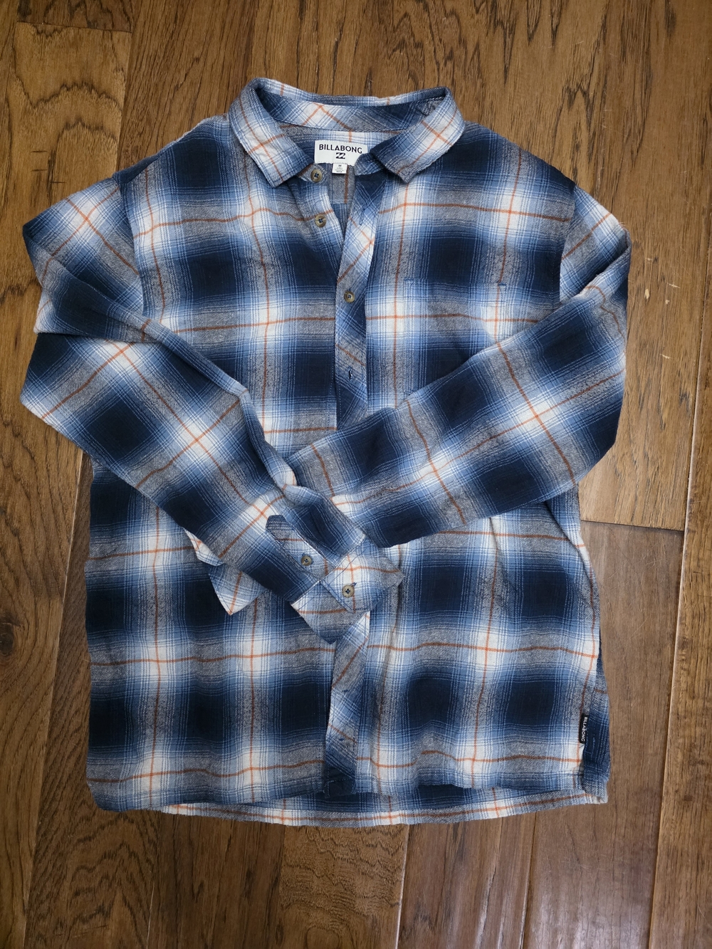 Billabong Blue and White Plaid Button-Down Shirt with Orange Accents